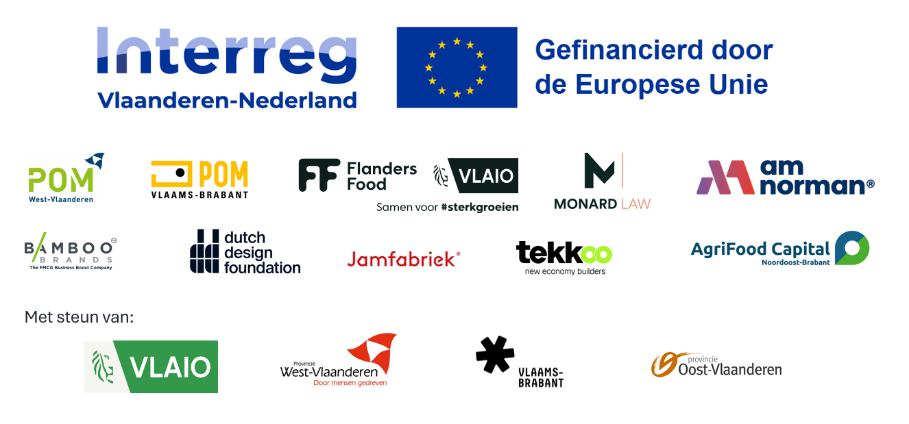 Logos of Interreg Vlaanderen-Nederland, funded by the European Union, the ten New Food Business project partners and co-funders VLAIO, Province of West Flanders, Flemish Brabant and Province of East Flanders