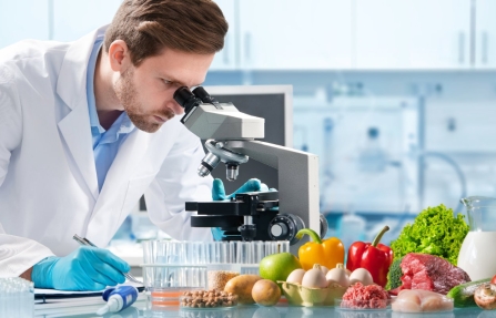 Onderzoeker bekijkt een staal onder de microscoop naast verse groenten, vlees en zuivel, illustratie bij houdbaarheidsonderzoek van voeding